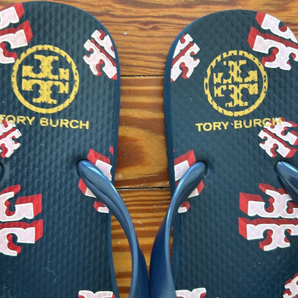 Tory Burch Black Flip Flops with Red Logo - Picture 5 of 6